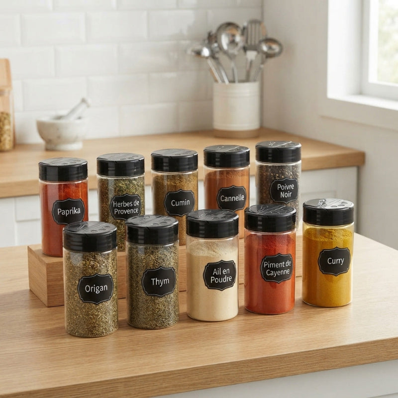 Pots à épices étiqueter sur un comptoir