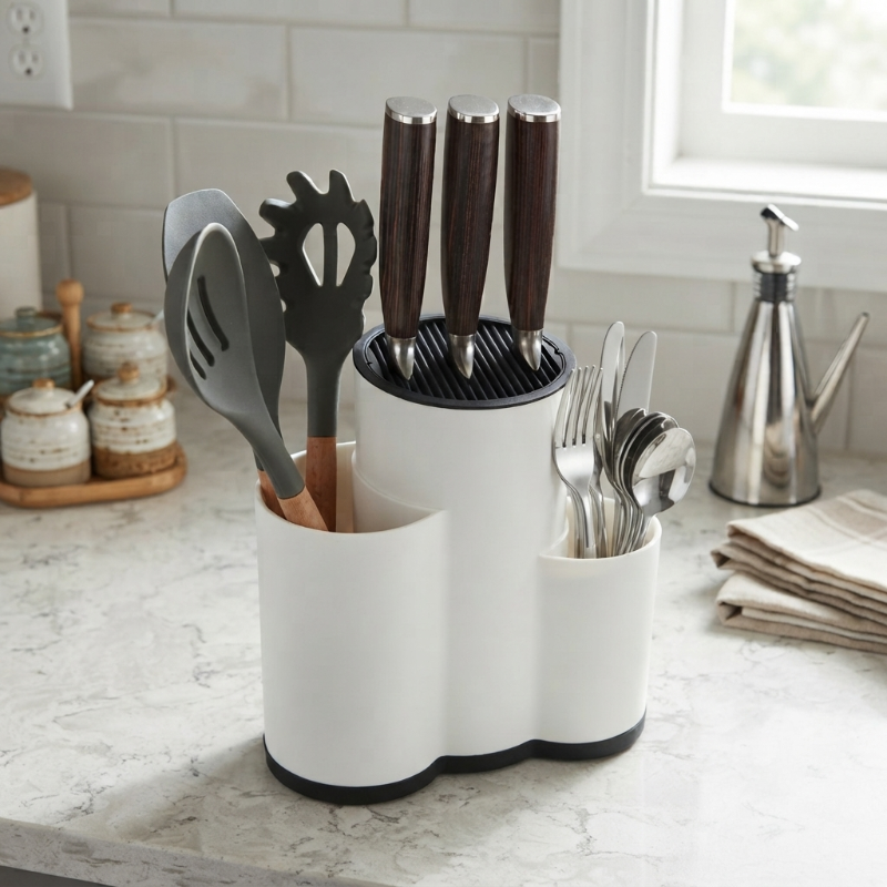 rangement à couverts blanc sur un comptoir de cuisine organisée