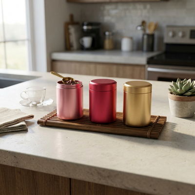 Pot a thé dorée, rose et rouge sur le comptoir