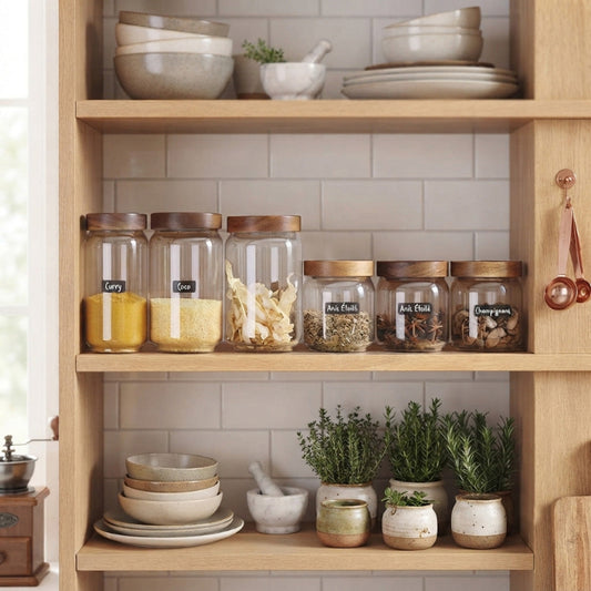 Bocaux en verre sur une étagère cuisine