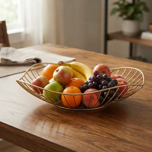 Corbeille a fruit dorée sur une table