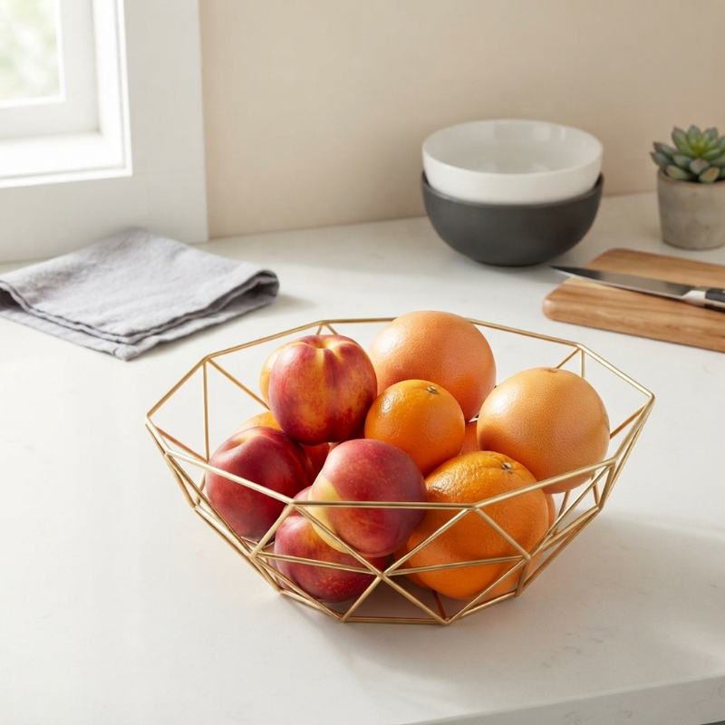 Corbeille a fruits dorée remplie de pêches et d'agruments