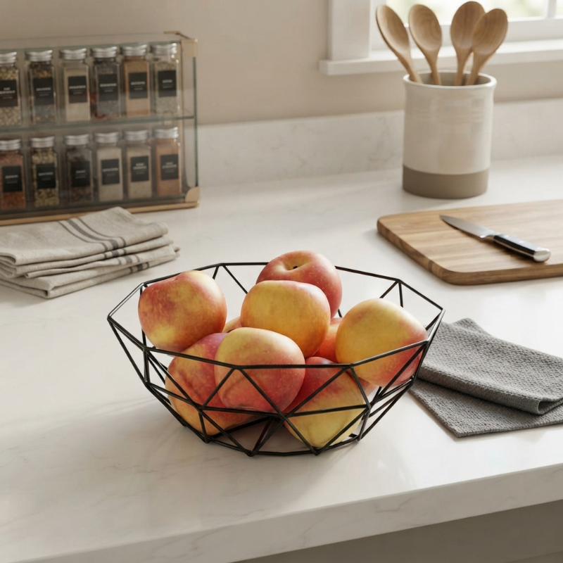 Corbeille a fruits noire remplie de pommes