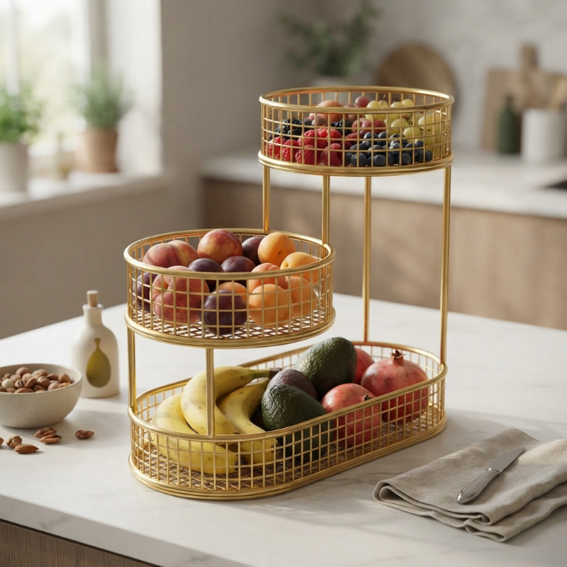 Corbeille de Fruits dorée remplie de petits et grands fruits et avec des avocates
