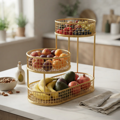 Corbeille de Fruits dorée remplie de petits et grands fruits et avec des avocates