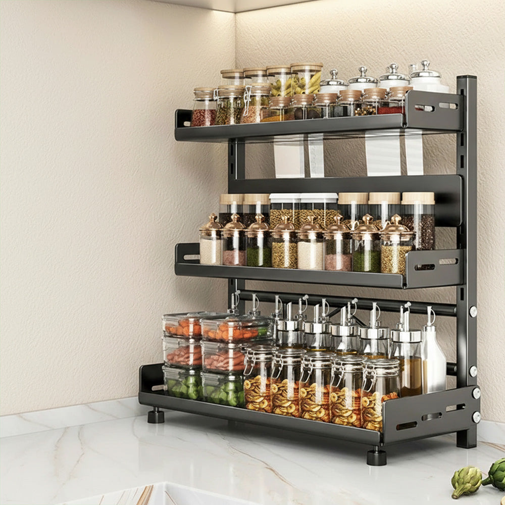 Cuisine étagères Cusisystm de 40cm et 3 étages rempli- de contenant au coin du mur sur le comptoir