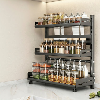 Cuisine étagères Cusisystm de 40cm et 3 étages rempli- de contenant au coin du mur sur le comptoir