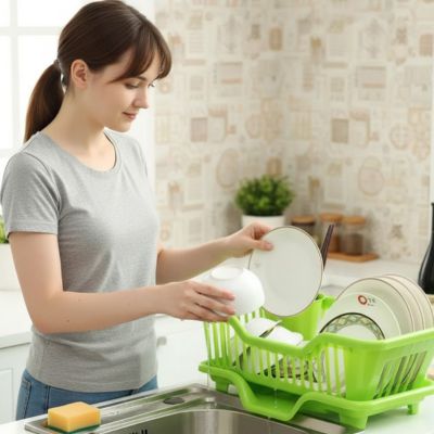 Egouttoir avec une femme faisant la vaisselle