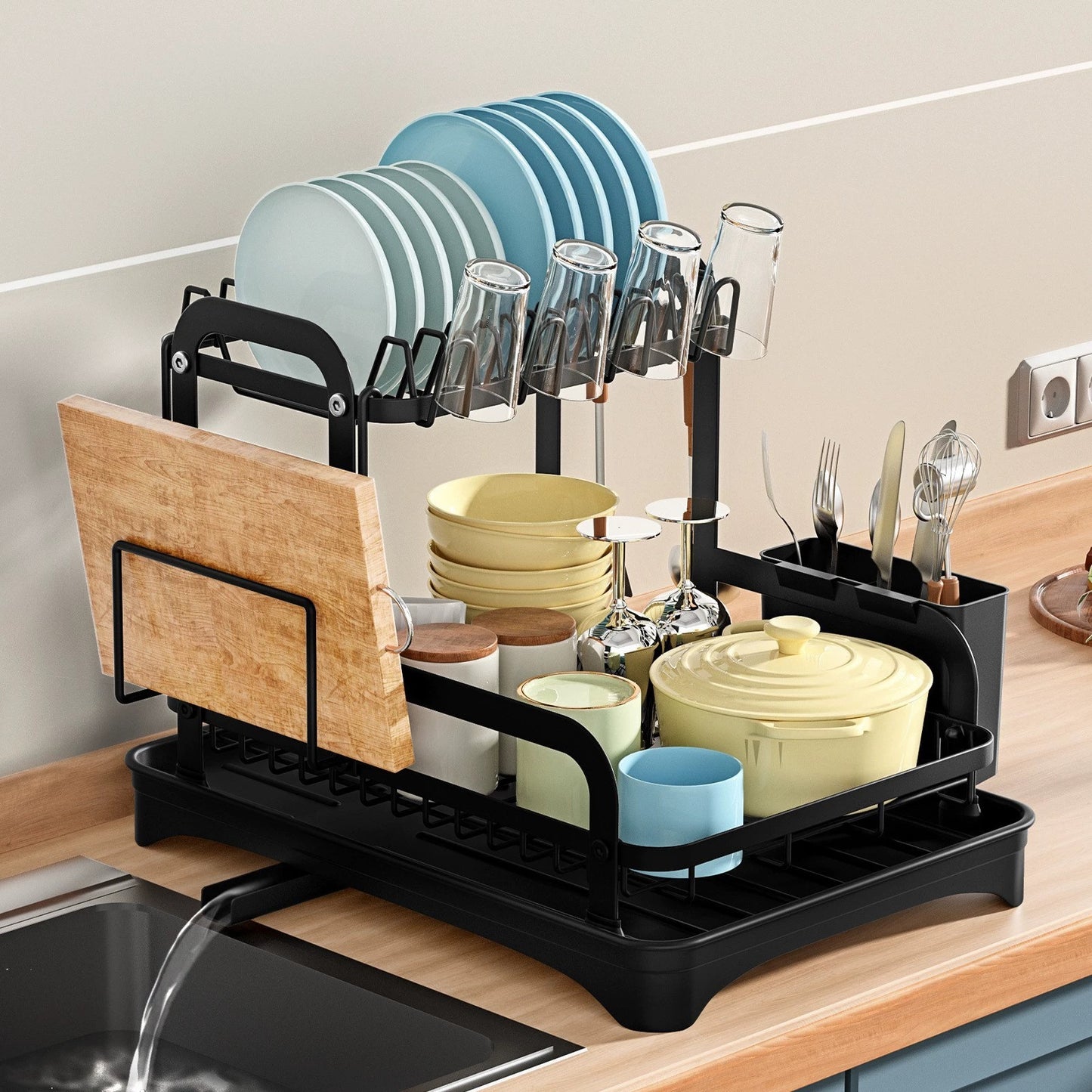 Egouttoir Vaisselle sur comptoir rempli drainage eau support planche