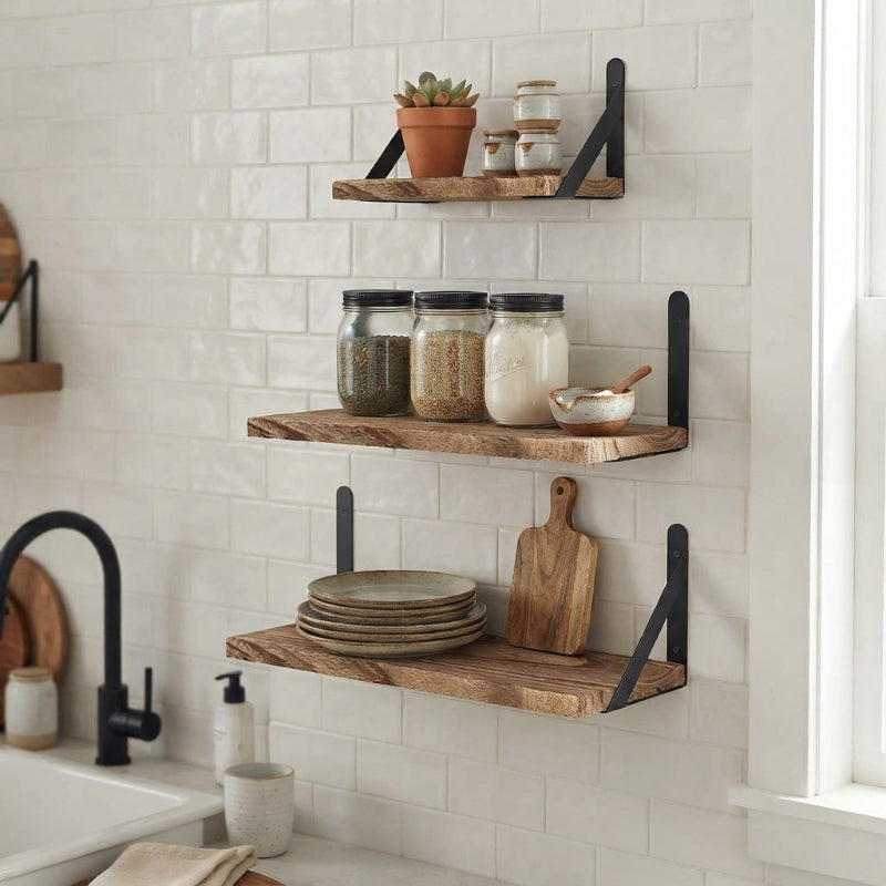 3 Étagère murale bois sur le mur de cuisine