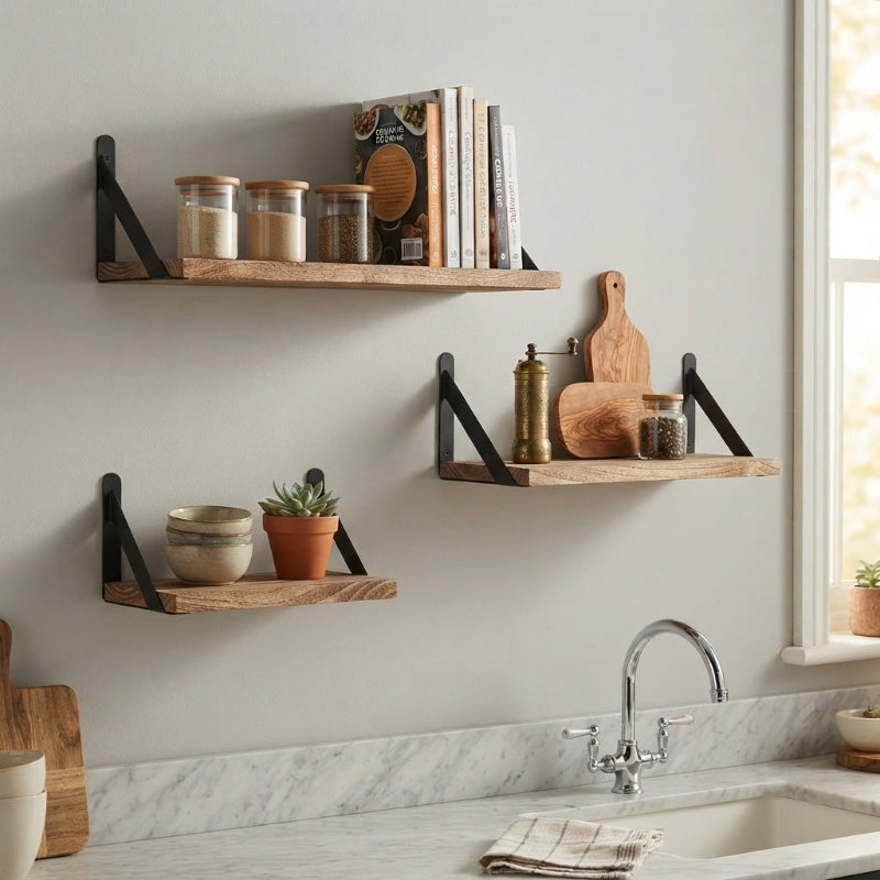 3 tailles d'Étagère murale bois sur un mur de cuisine à côté d'une fenêtre