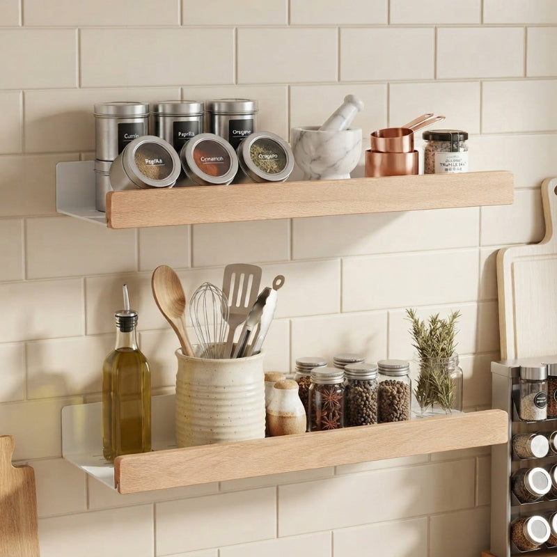 2 grandes Etagere Murale rempli d'épices et d'accessoires de cuisine