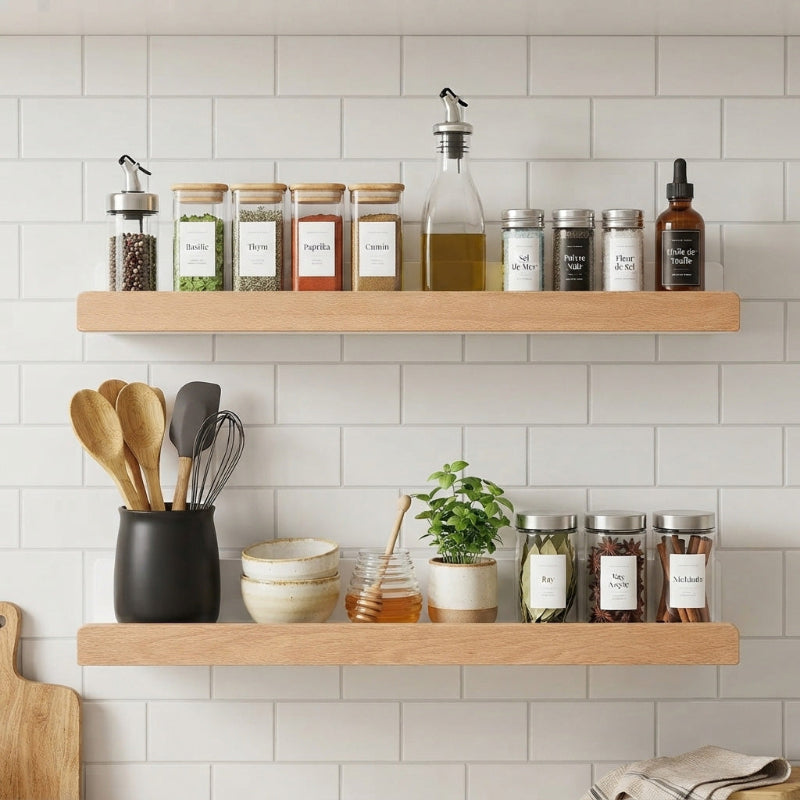 2 grandes Etagere Murale vue de face avec des épices et des accessoires de cuisine
