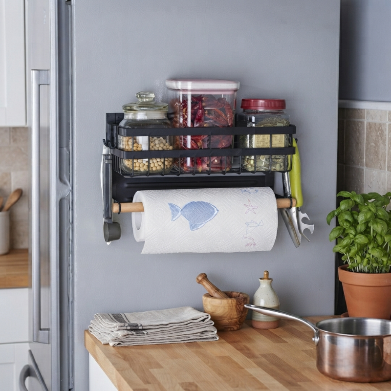 Etagere magnetiques rempli de contenants et d'ustensiles sur le côté du frigo