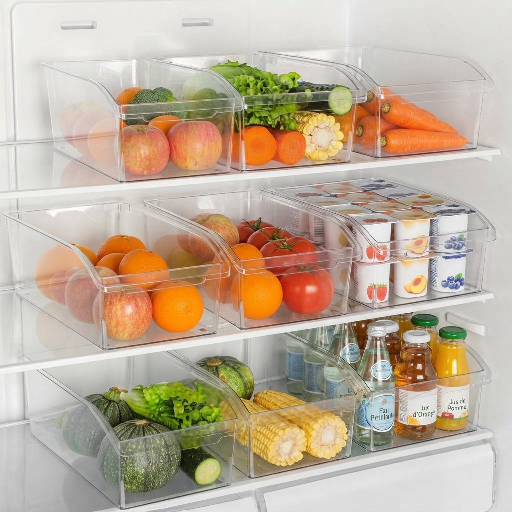 organisation des Frigo rangement rempli de fruits, légumes, boissons et yaourts