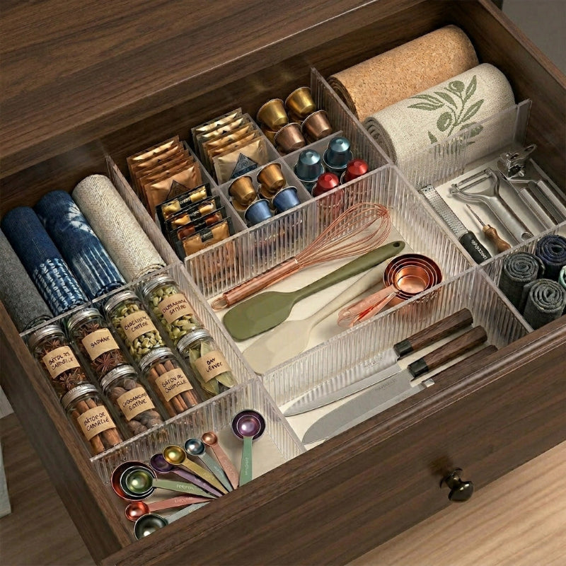 Organisateur tiroir cuisine avec thé, café, torchons et ustensiles