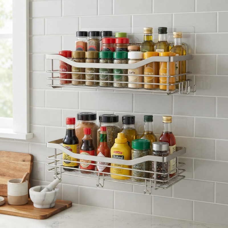 Organisateur mural cuisine rempi de condiment sur un mur de cuisine