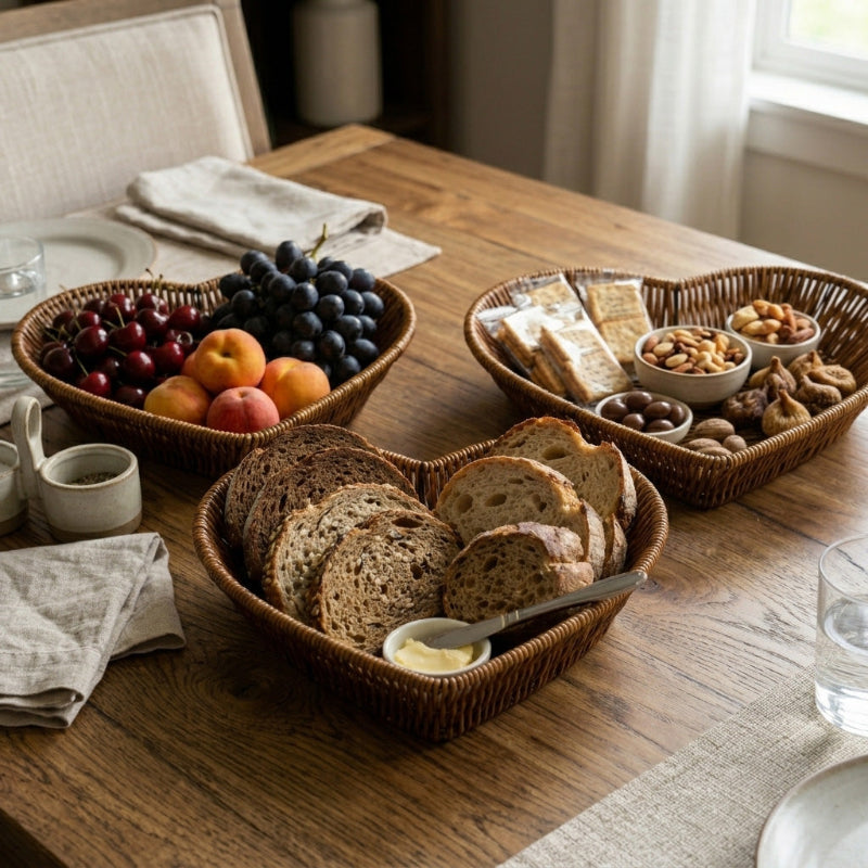 Panier rangement osier avec de la nourriture sur la table