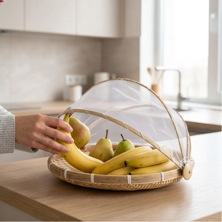 Panier a fruit rempli de bananes et de poires