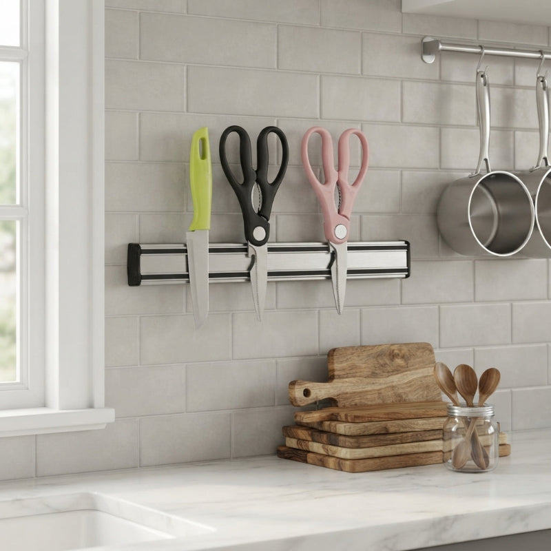 Porte couteau sur le mur d'une cuisine optimisée