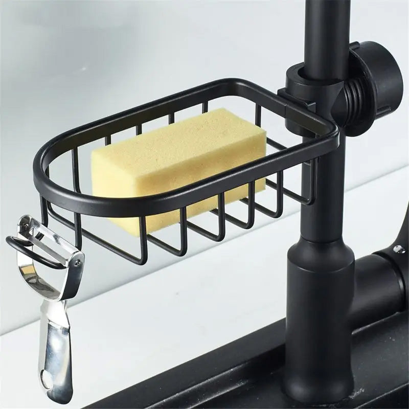 Porte eponge evier suspendu support éponge savon outils noir close up
