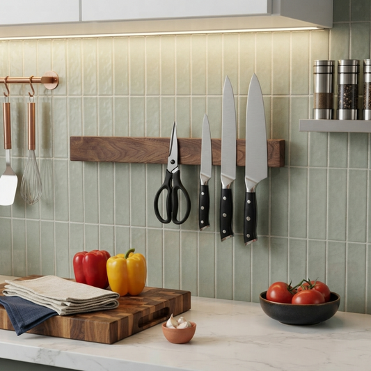 Portes couteaux sur un mur de cuisine vert