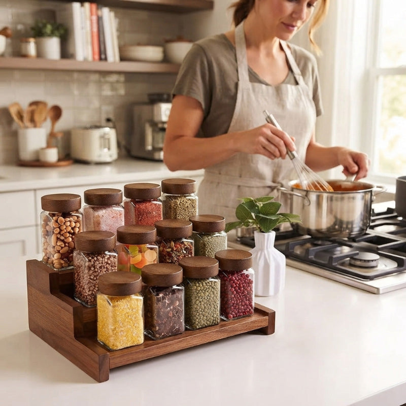 Pot a epice sur le comptoir avec une femme qui cuisine