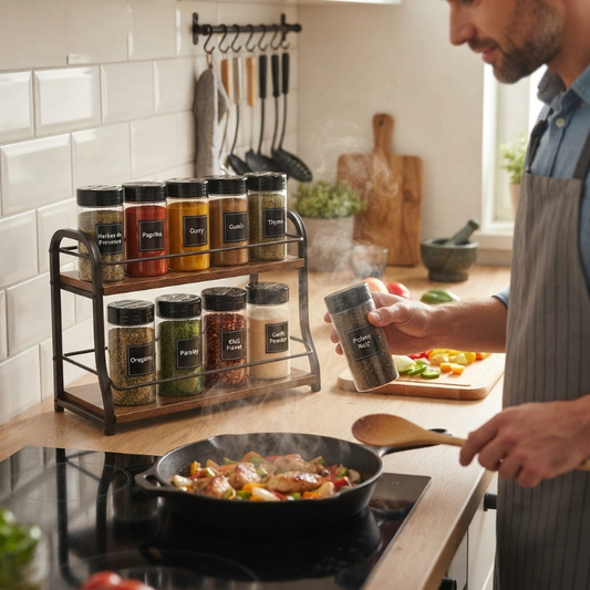 Pots à épices avec un homme qui cuisine