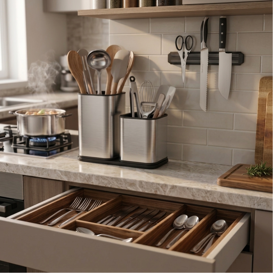 Range couvert, porte couteau et pot ustensiles cuisine