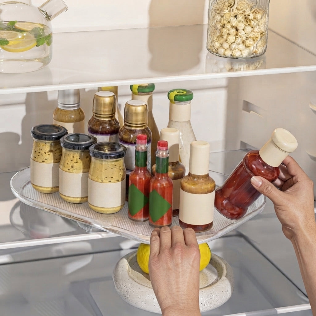 Rangement frigo dans le frigo avec un main qui prend un condiment
