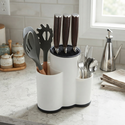 rangement à couverts blanc sur un comptoir de cuisine organisée