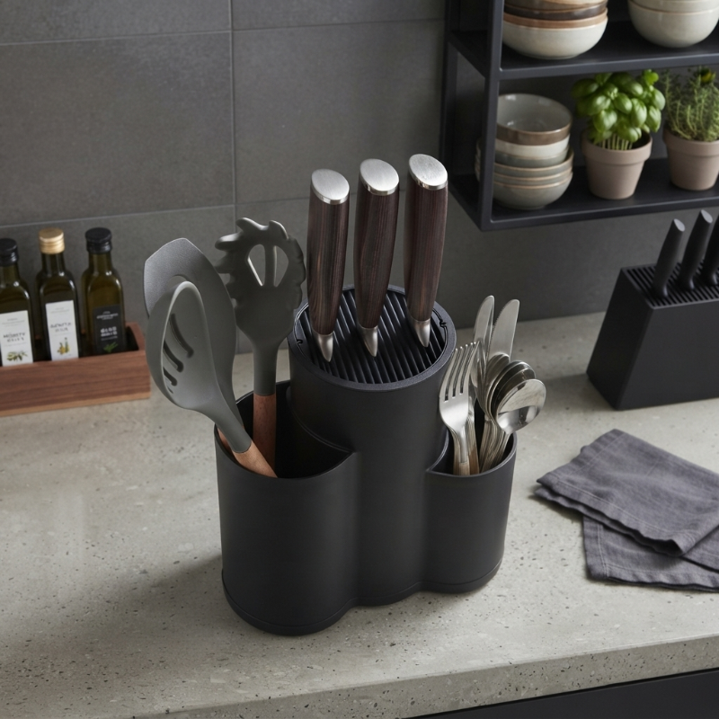 rangement à couverts noir agencé avec la cuisine