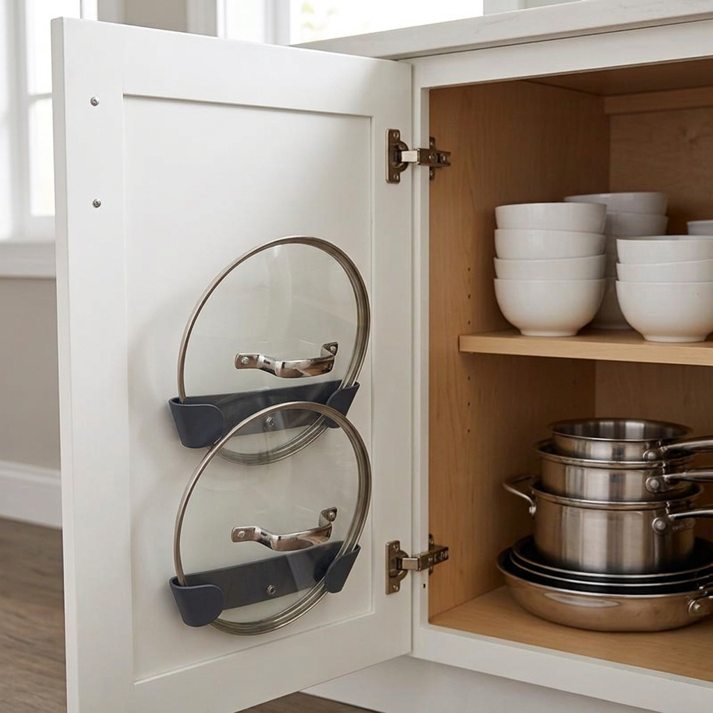 Rangement couvercle casserole sur une porte de placard