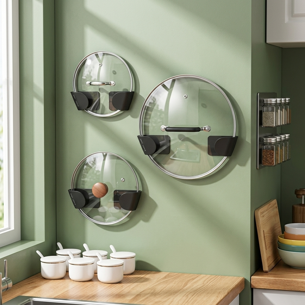 Rangement couvercle casserole sur mur au-dessus du comptoir
