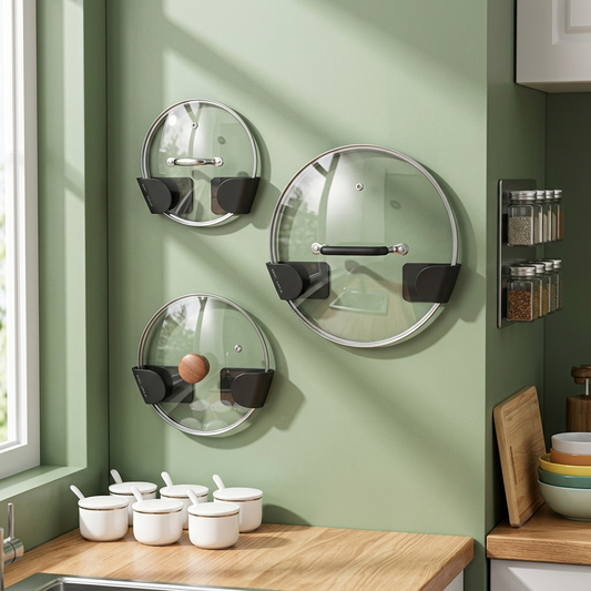 Rangement couvercle casserole sur mur au-dessus du comptoir