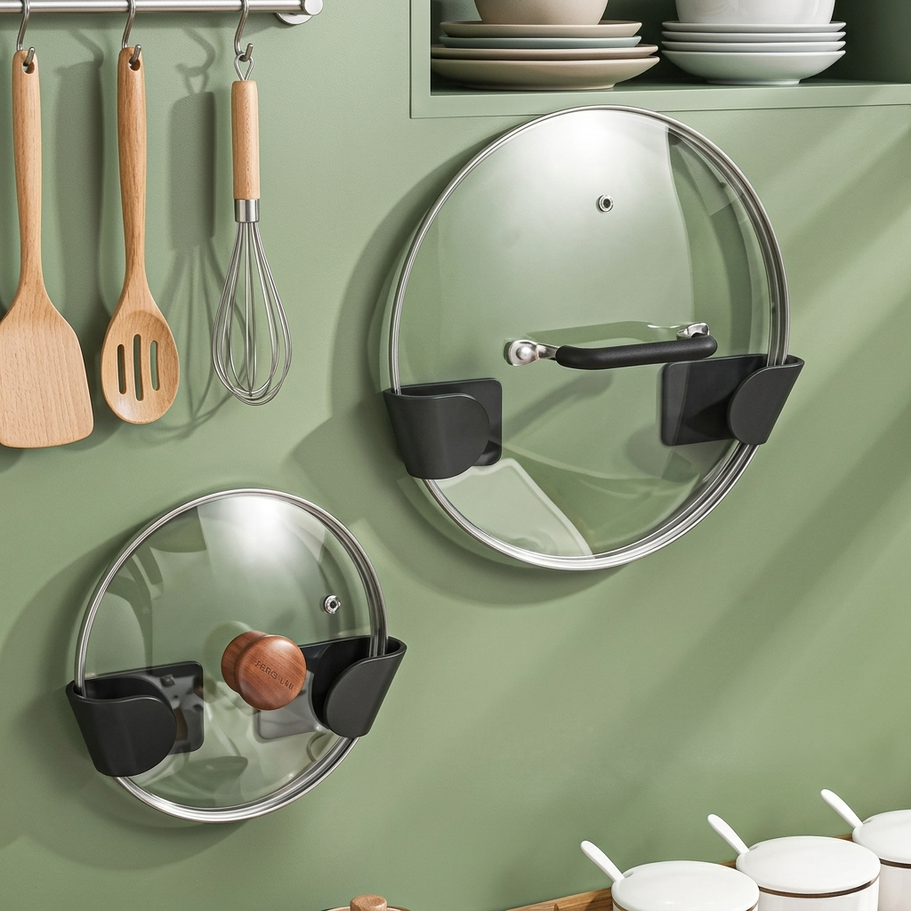 Rangement couvercle casserole sur un mur vert