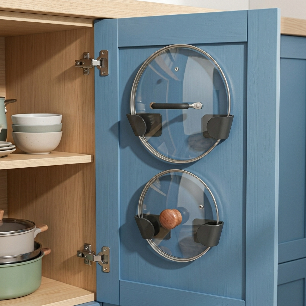 Rangement couvercle casserole sur placard bleu