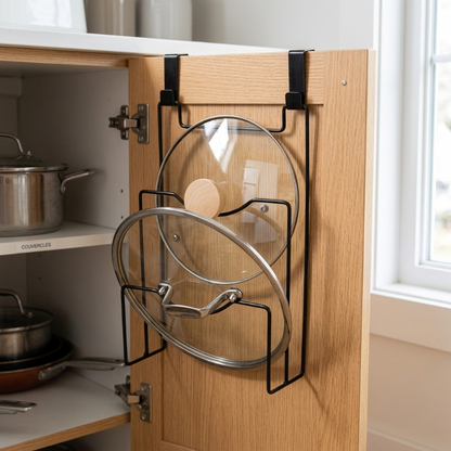 Rangement couvercle casserole sur porte placard en bois
