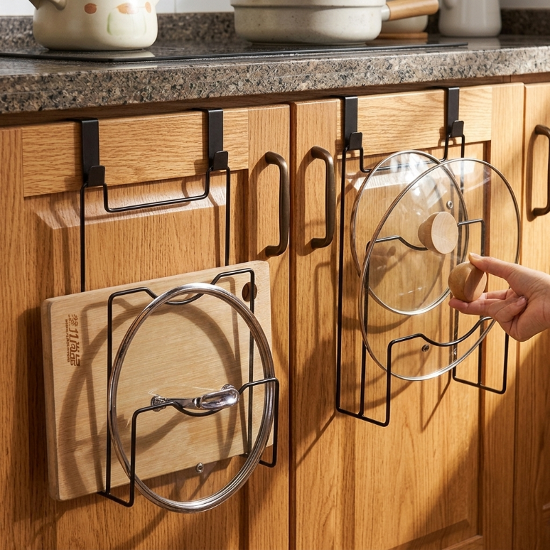 Rangement couvercle casserole sur une porte en bois une main prend couvercle
