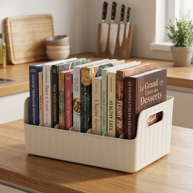 Rangement placard cuisine rempli de livre de cuisine