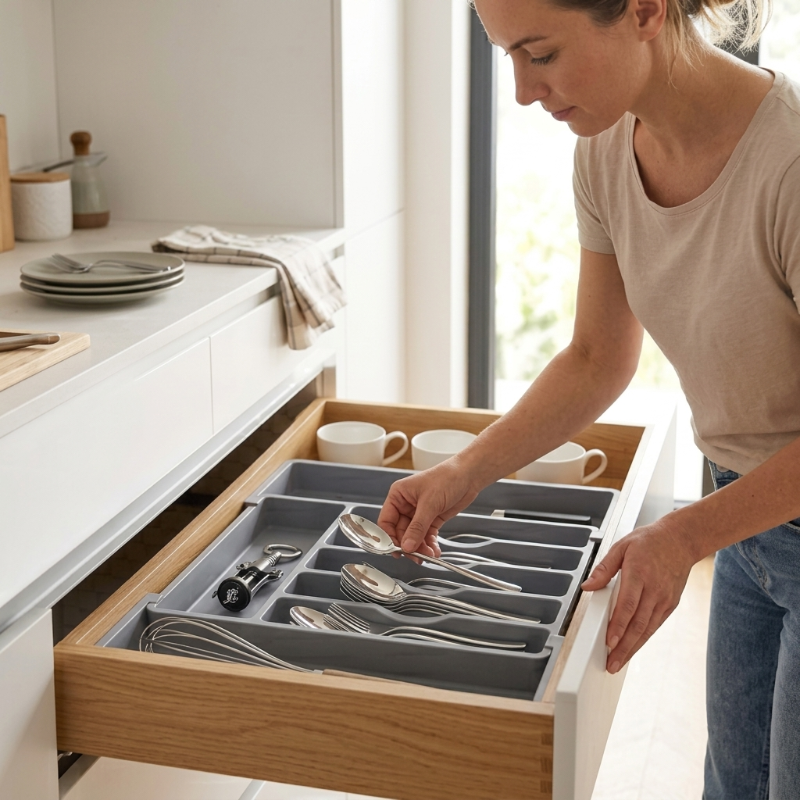 Rangement pour couverts gris dans tiroir avec un femme qui range
