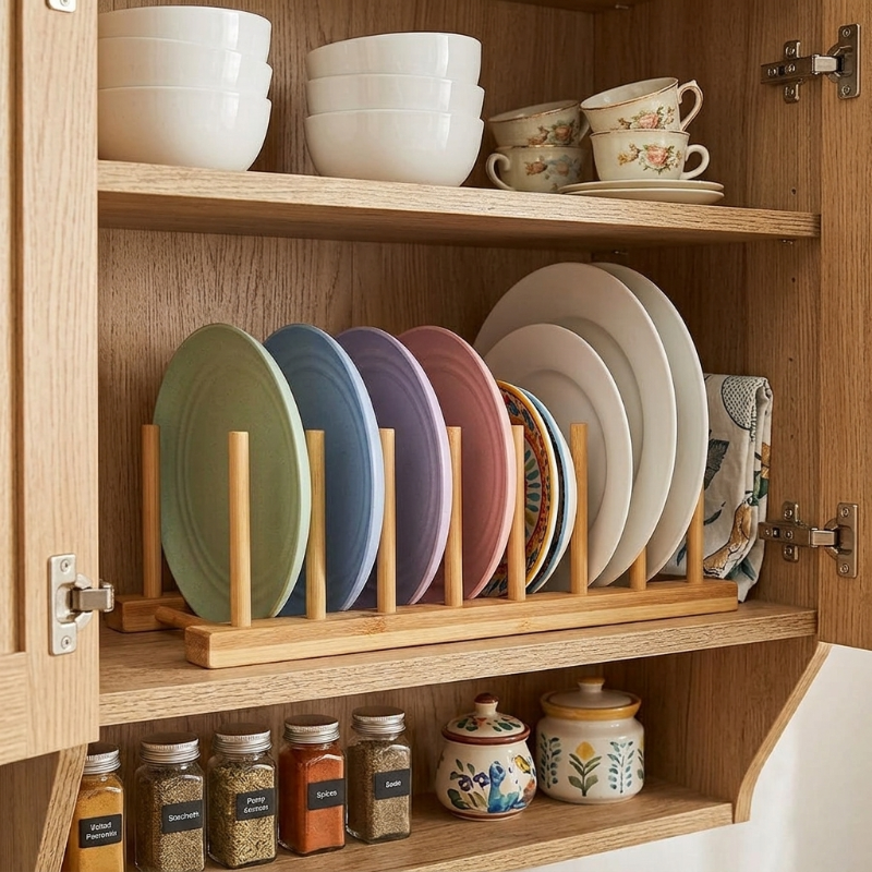 Support Assiette avec assiettes colorées dans placard