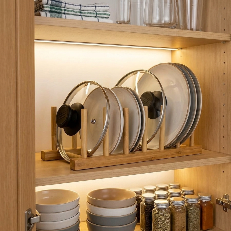 Support Assiette avec des assiettes et des couvercles de casserole