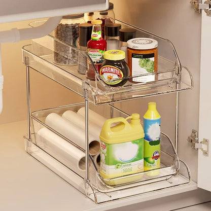 Tiroir coulissant sous evier 3 étages rempli dans placard sous evier